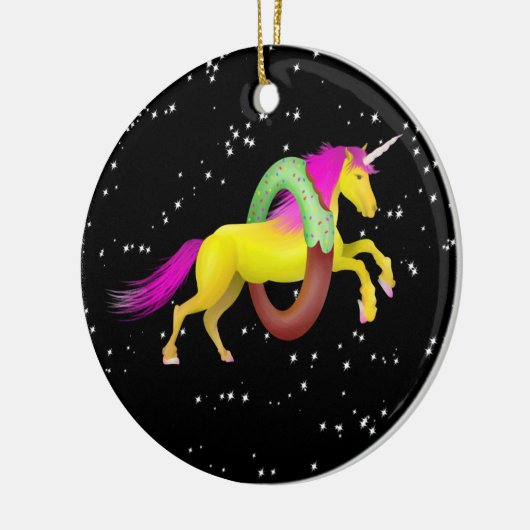 Eenhoorn die door een donut springt keramisch ornament (Links)