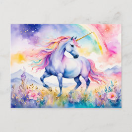 Eenhoorn die onder een glinsterende regenboog loop briefkaart