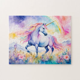 Eenhoorn die onder een schitterende regenboog loop legpuzzel