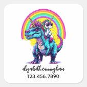 Eenhoorn die op een dinosaurus rijdt Regenboog Naa Vierkante Sticker (Voorkant)