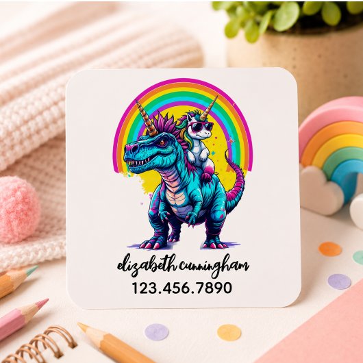 Eenhoorn die op een dinosaurus rijdt Regenboog Naa Vierkante Sticker