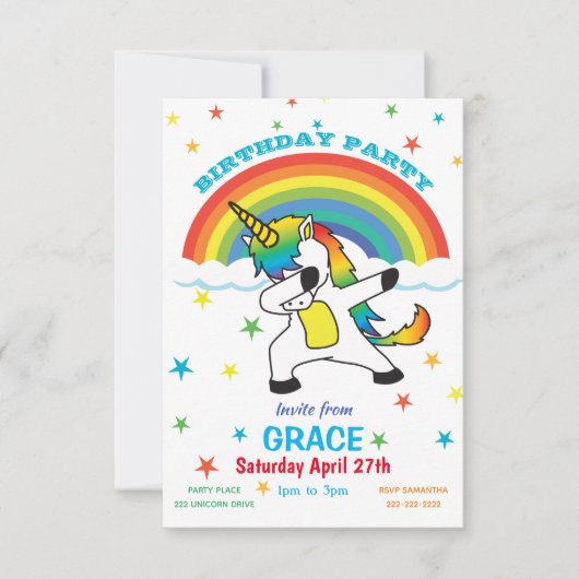 Eenhoorn doet de Dab Rainbow & Stars Uitnodigen Kaart (Voorkant)