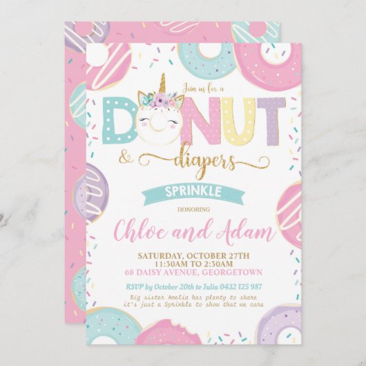 Eenhoorn Donut en Luiers Baby Sprinkle Shower Kaart (Voorkant / Achterkant)