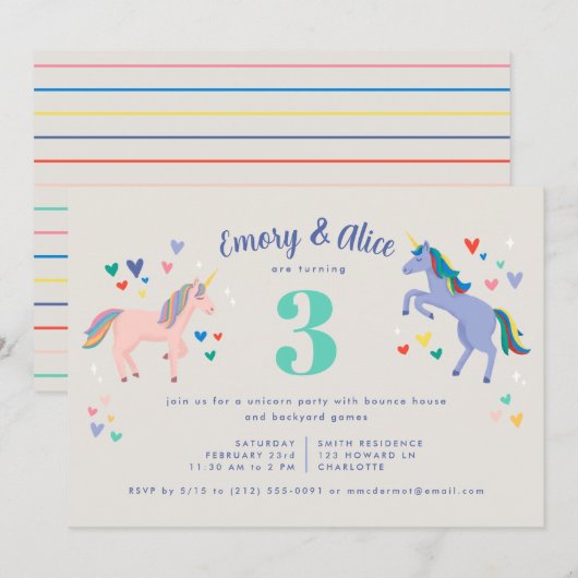 Eenhoorn Dubbele Verjaardag Party Uitnodiging (Voorkant / Achterkant)