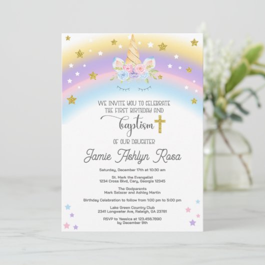 Eenhoorn eerste verjaardag en doop uitnodiging. kaart (Staand voorkant)