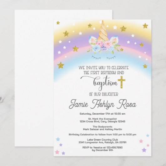 Eenhoorn eerste verjaardag en doop uitnodiging. kaart (Voorkant / Achterkant)