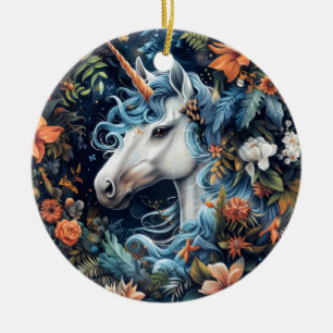 Eenhoorn en bloemen fantasie ontwerp keramisch ornament