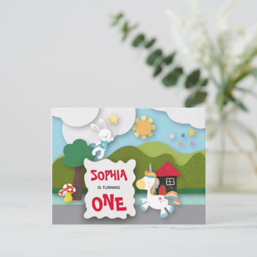 Eenhoorn en Bunny Eerste Verjaardag Uitnodiging (Staand voorkant)