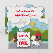 Eenhoorn en Bunny Eerste Verjaardag Uitnodiging (Voorkant / Achterkant)