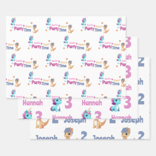 Eenhoorn en Dinosaurus Gezamenlijke Kinder Partij  Inpakpapier Vel