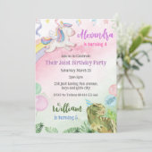 Eenhoorn en Dinosaurus Gezamenlijke Verjaardagsfee Kaart (Staand voorkant)