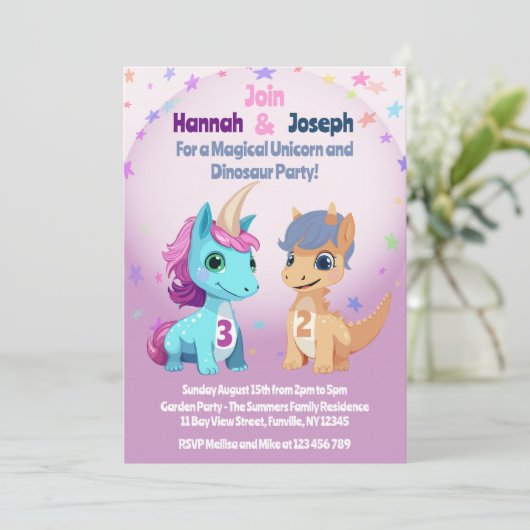 Eenhoorn en dinosaurus kinderfeestje kaart (Staand voorkant)