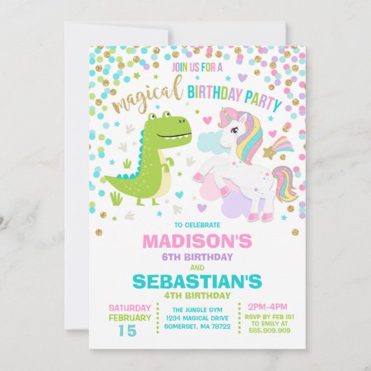 Eenhoorn en dinosaurus verjaardagsuitnodiging broe kaart (Voorkant)