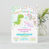 Eenhoorn en dinosaurus verjaardagsuitnodiging broe kaart (Staand voorkant)