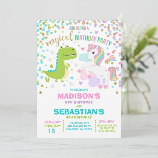 Eenhoorn en dinosaurus verjaardagsuitnodiging broe kaart (Staand voorkant)