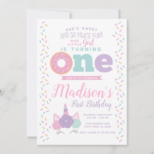 Eenhoorn en Donut 1e verjaardag Kaart (Voorkant)