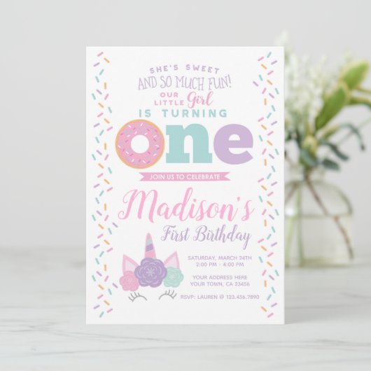 Eenhoorn en Donut 1e verjaardag Kaart (Staand voorkant)