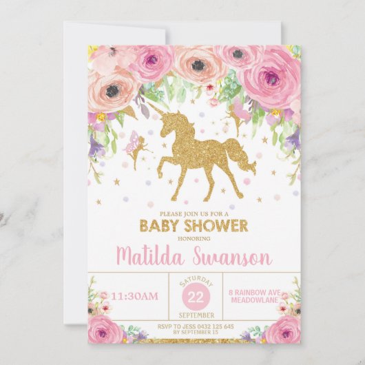 Eenhoorn en Fairy Baby shower Uitnodiging Baby Gir (Voorkant)