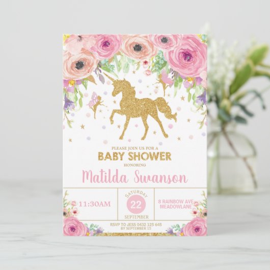 Eenhoorn en Fairy Baby shower Uitnodiging Baby Gir (Staand voorkant)