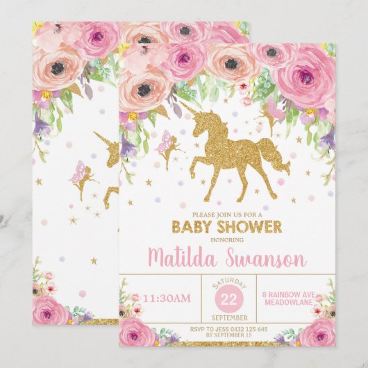 Eenhoorn en Fairy Baby shower Uitnodiging Baby Gir (Voorkant / Achterkant)