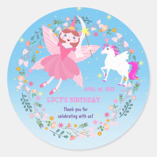 Eenhoorn en Fairy Magic verjaardagsfeestje Ronde Sticker (Voorkant)