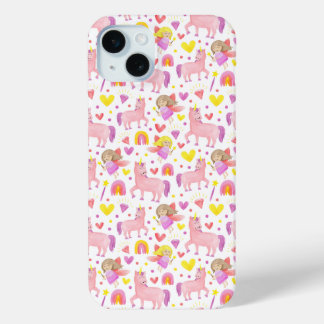 Eenhoorn en Fairy Patterned iPhone 15 Mini Hoesje