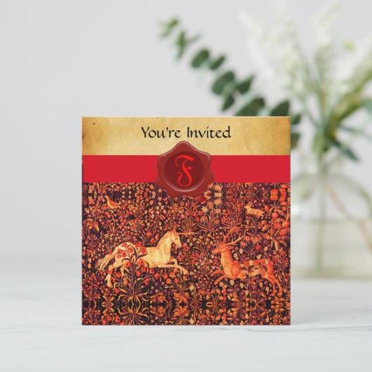 EENHOORN EN HERT MONOGRAM RODE WAS SEAL PERKAMENT KAART (Staand voorkant)