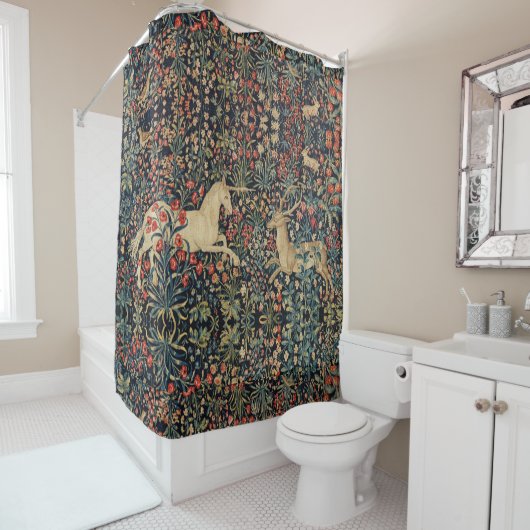 EENHOORN EN HERTEN, BLOEMEN, BOSDIEREN Bloemen Douchegordijn (In situ)