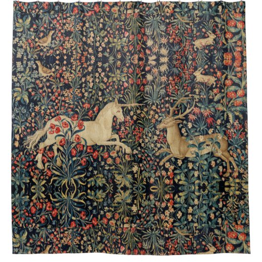 EENHOORN EN HERTEN, BLOEMEN, BOSDIEREN Bloemen Douchegordijn (Voorkant)