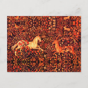 EENHOORN EN HERTEN, BLOEMEN, BOSDIEREN Rode Bloeme Feestdagenkaart