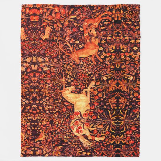 EENHOORN EN HERTEN, BLOEMEN, BOSDIEREN Rode Bloeme Fleece Deken (Voorkant)