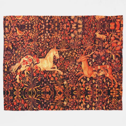 EENHOORN EN HERTEN, BLOEMEN, BOSDIEREN Rode Bloeme Fleece Deken (Voorkant (Horizontaal))