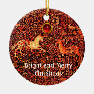 EENHOORN EN HERTEN, BLOEMEN, BOSDIEREN Rode Bloeme Keramisch Ornament