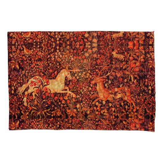 EENHOORN EN HERTEN, BLOEMEN, BOSDIEREN Rode Bloeme Kussensloop (Voorkant-Links)