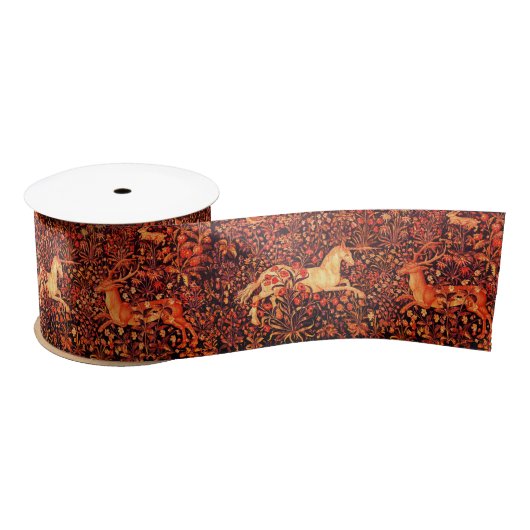 EENHOORN EN HERTEN, BLOEMEN, BOSDIEREN Rode Bloeme Satijnen Lint (Spoel)