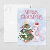 Eenhoorn en kerstboom op sprankelende blauwe lucht briefkaart (Voorkant / Achterkant)