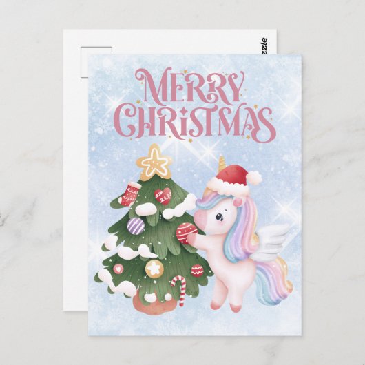 Eenhoorn en kerstboom op sprankelende blauwe lucht briefkaart (Voorkant / Achterkant)
