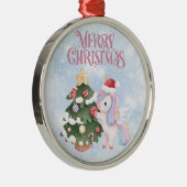 Eenhoorn en kerstboom op sprankelende blauwe lucht metalen ornament (Rechts)