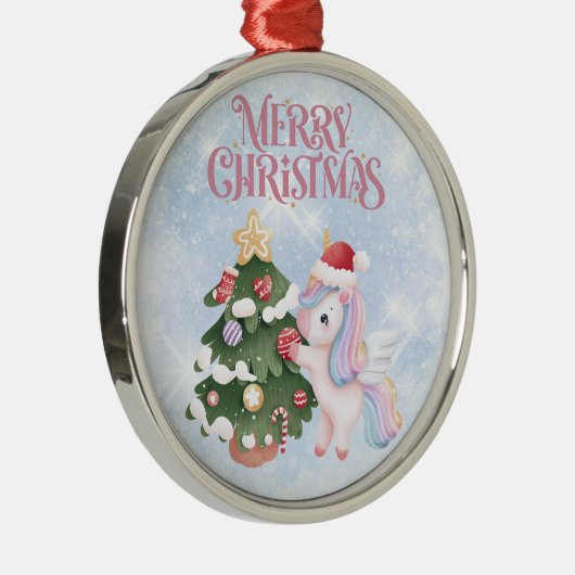 Eenhoorn en kerstboom op sprankelende blauwe lucht metalen ornament (Rechts)