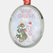 Eenhoorn en kerstboom op sprankelende blauwe lucht metalen ornament (Links)