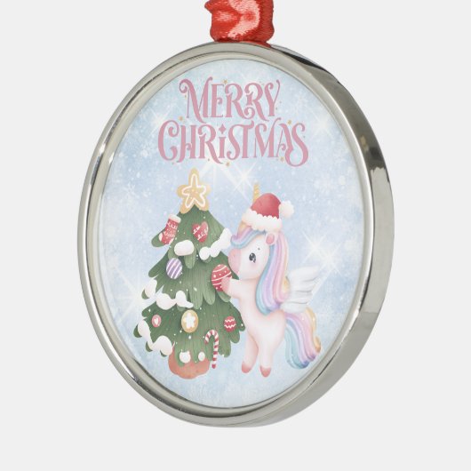 Eenhoorn en kerstboom op sprankelende blauwe lucht metalen ornament (Links)