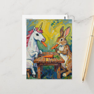 Eenhoorn en konijn die wortels eten briefkaart
