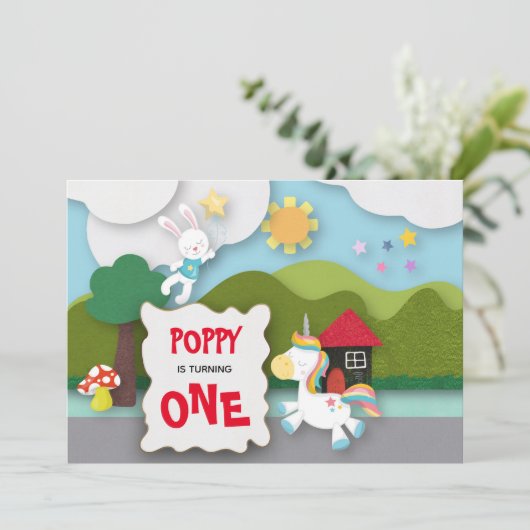 Eenhoorn en konijnenlandschap eerste verjaardag kaart (Staand voorkant)