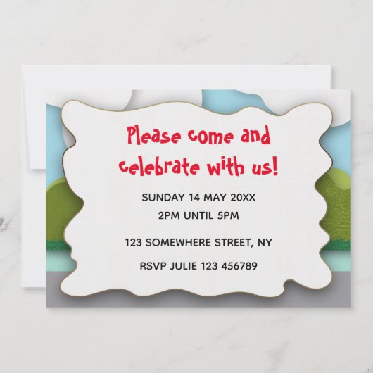 Eenhoorn en konijnenlandschap eerste verjaardag kaart (Achterkant)