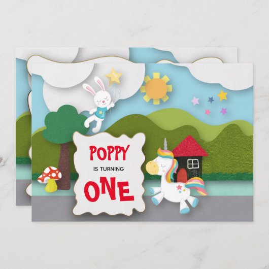 Eenhoorn en konijnenlandschap eerste verjaardag kaart (Voorkant / Achterkant)