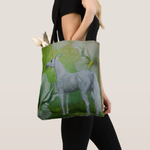 Eenhoorn en lelie bloemen fantasie paard kunst tote bag