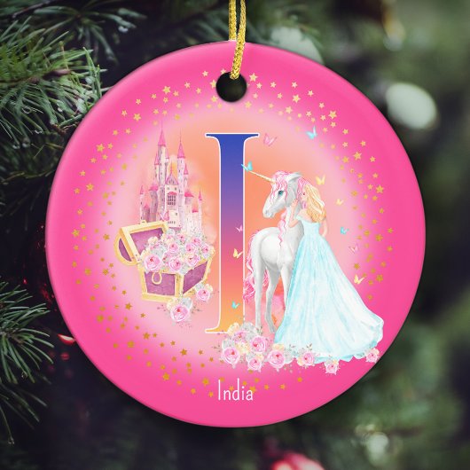 Eenhoorn en Prinses Brief I Monogram Kerstmis Keramisch Ornament