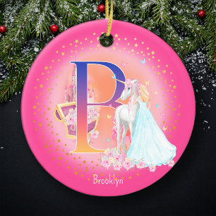 Eenhoorn en Prinses Letter B Monogram Kerst Keramisch Ornament