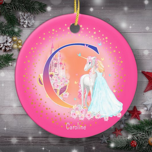 Eenhoorn en Prinses Letter C Monogram Kerst Keramisch Ornament