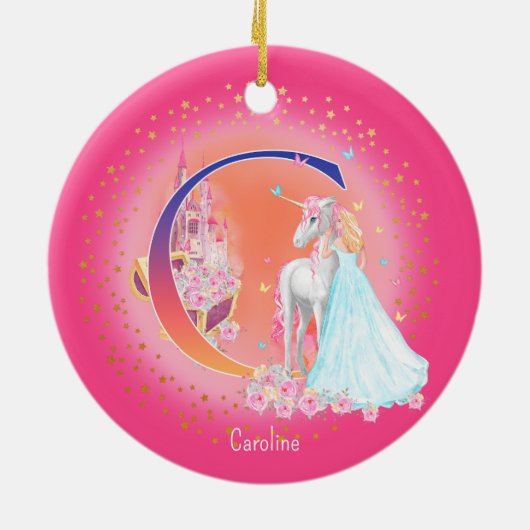 Eenhoorn en Prinses Letter C Monogram Kerst Keramisch Ornament (Achterkant)
